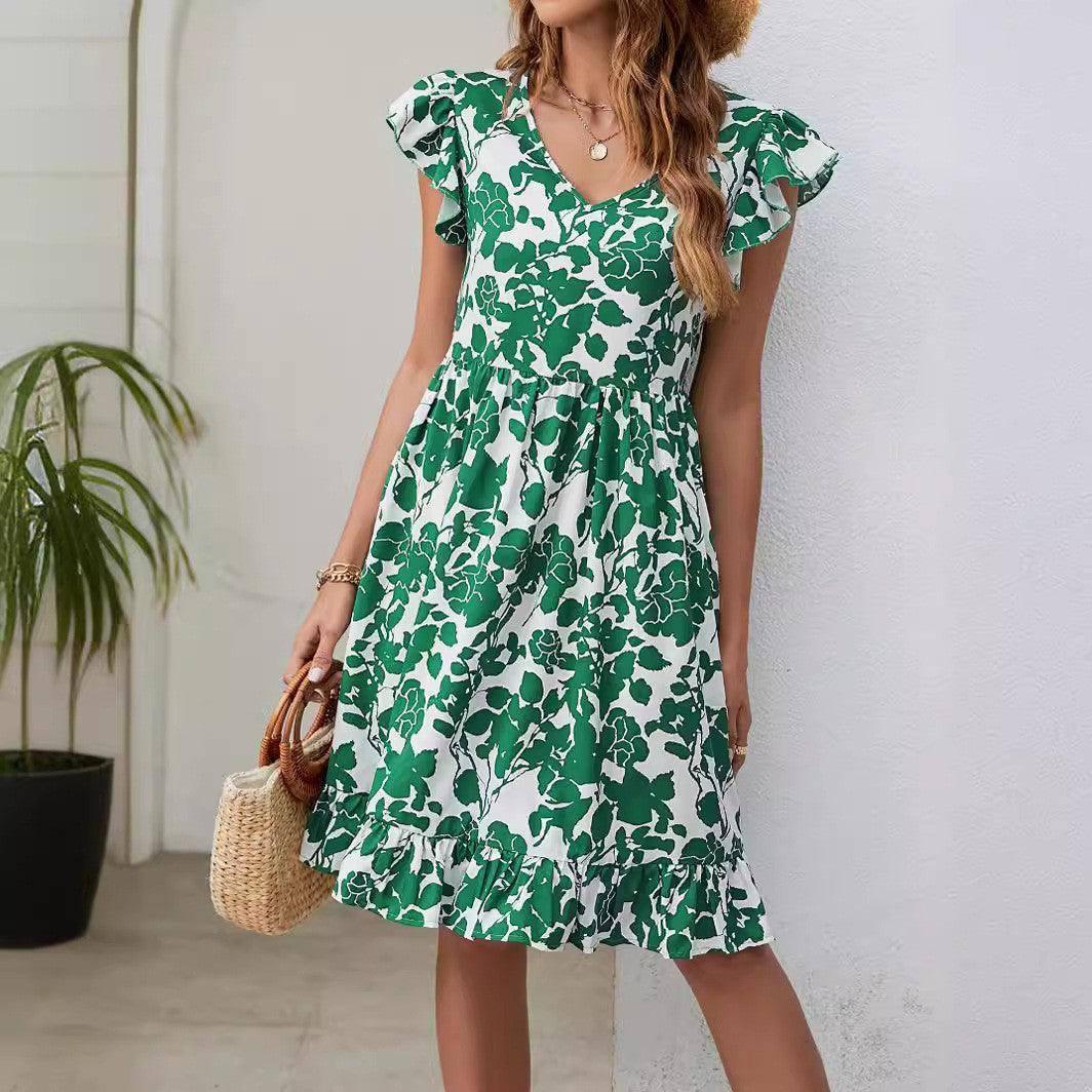 Leaf Print Dress Summer V-neck Ruffled Sleeveless A-Line-Green-5