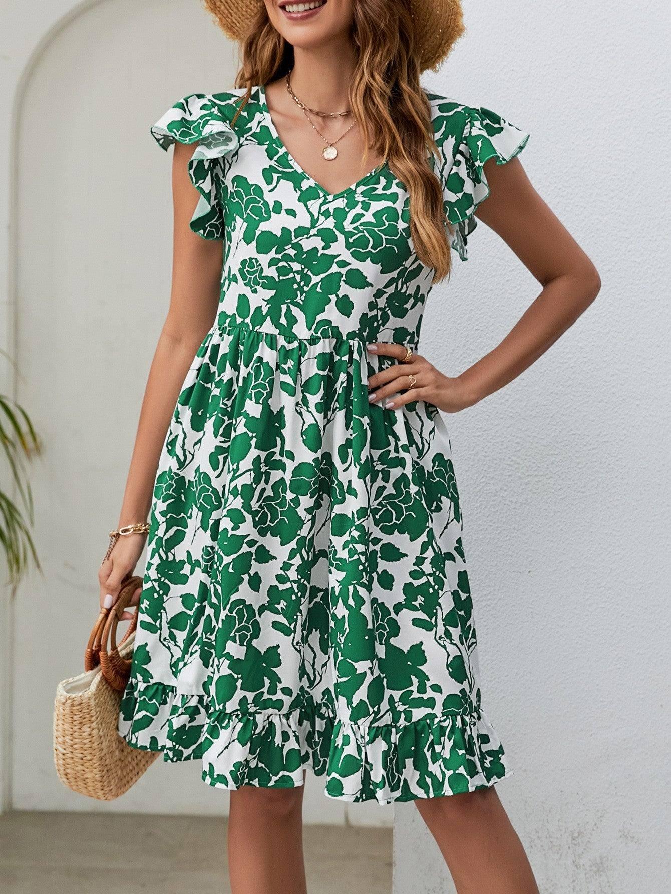 Leaf Print Dress Summer V-neck Ruffled Sleeveless A-Line-7