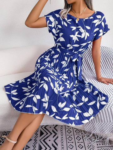 Leaf Print Dress Women Short Sleeve Lace-up Skirt Summer-Blue-2