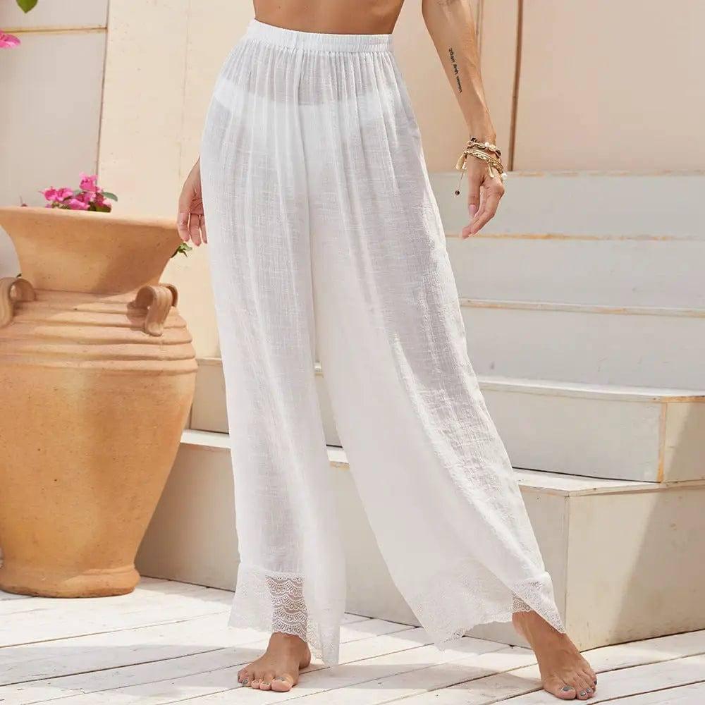 Leisure Vacation Loose Lace Wide Leg Beach Sun Protection-White-4