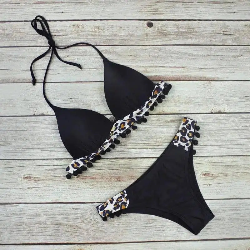 Leopard Print Ball Hard Cover Split Bikini Swimsuit-Black-4