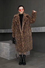 Leopard print oversized suit collar fur coat-1