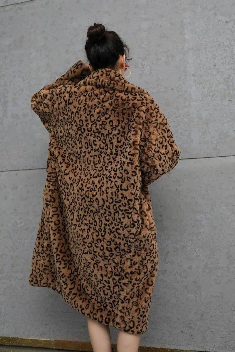 Leopard print oversized suit collar fur coat-3