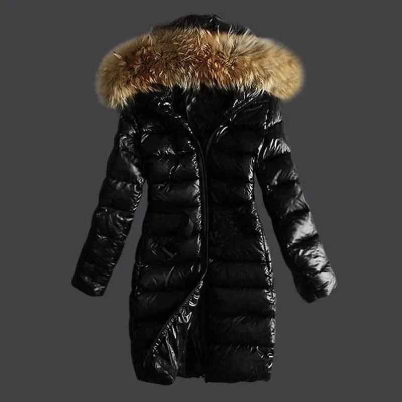 Long Quilted Jacket With Fur Collar And Raccoon Fur-Black-1