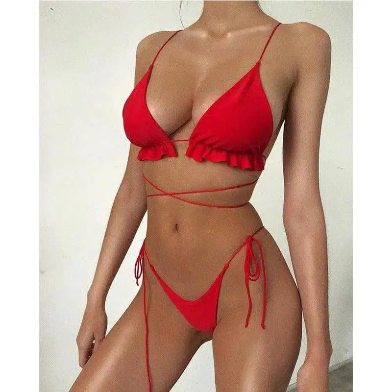 Long rope flashing bikini European and American foreign-Red-1