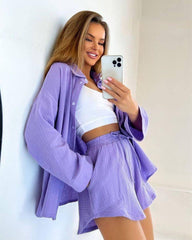 Long Sleeve Shirt Shorts Suit Women-Purple-2
