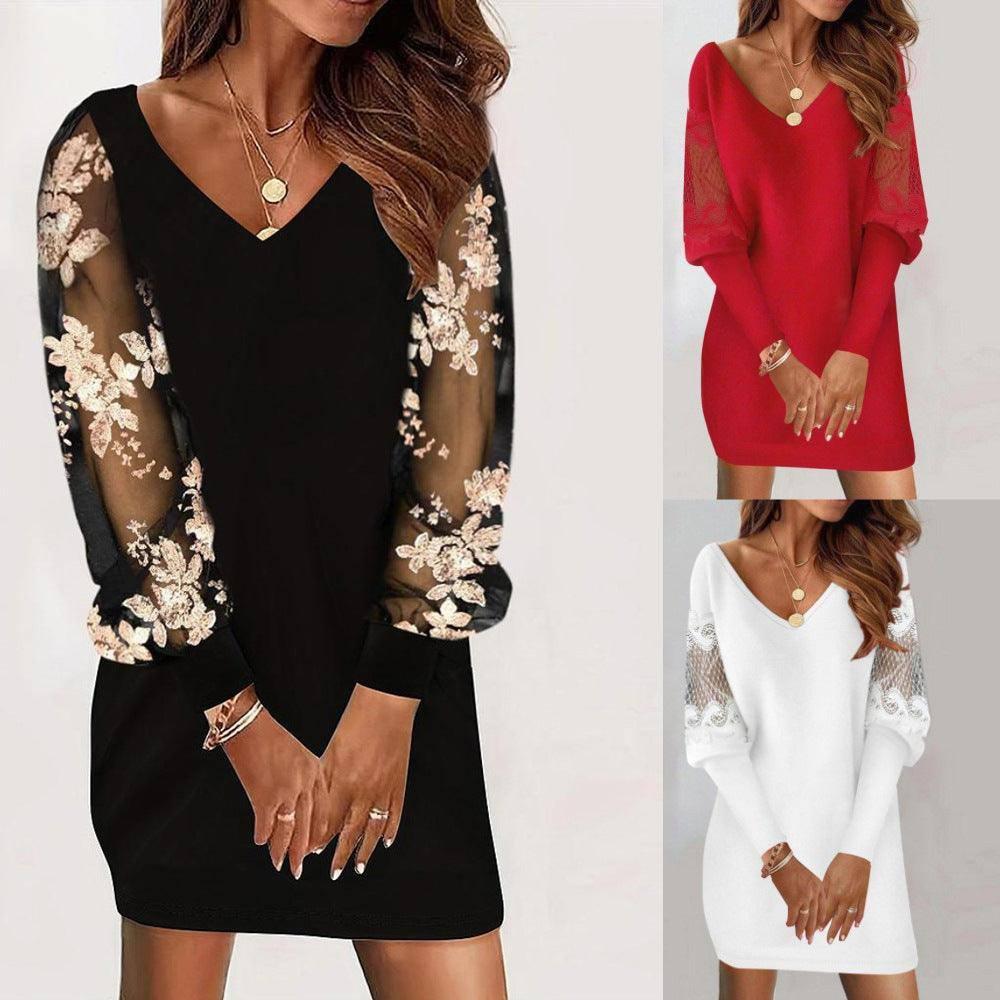 Long-sleeved V-neck Dress Spring And Autumn Lace Splicing-1