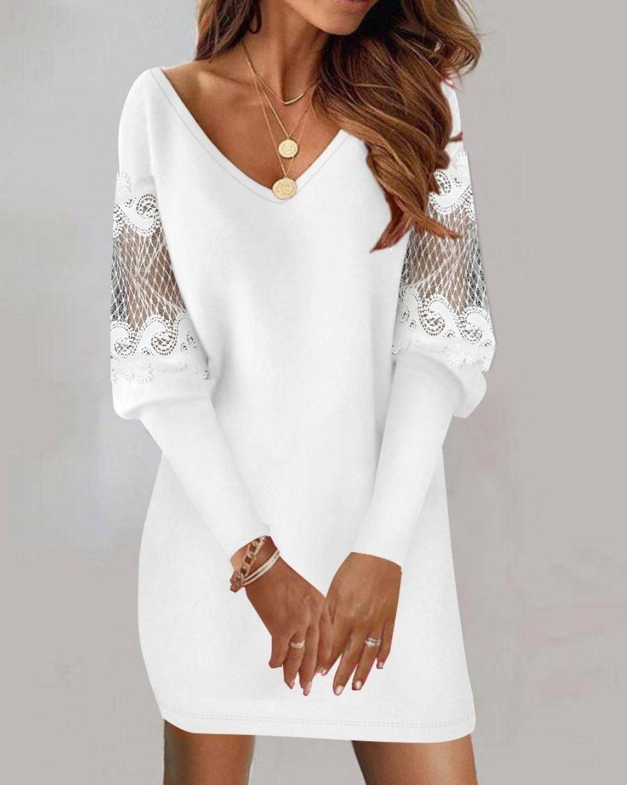 Long-sleeved V-neck Dress Spring And Autumn Lace Splicing-White-3