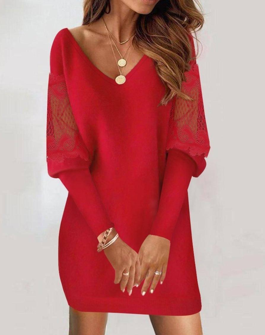 Long-sleeved V-neck Dress Spring And Autumn Lace Splicing-Red-8