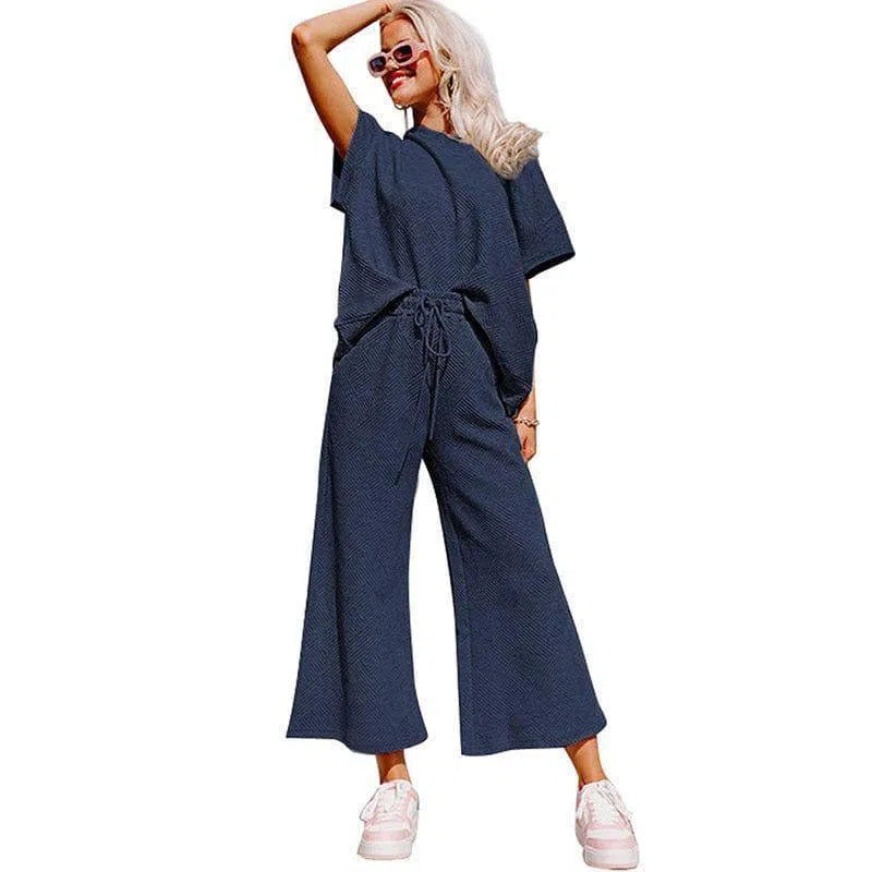 Loose Short Sleeve Trousers Suit-Blue-7