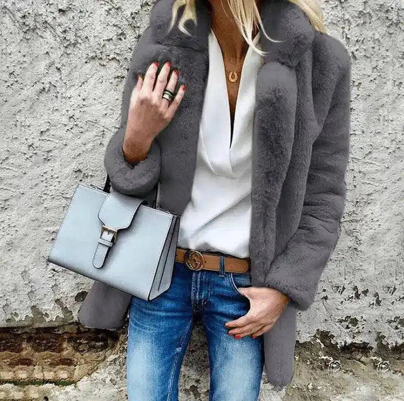 Women's Faux Fur Lapel Jacket - Solid Color, Long-Sleeved-5 dark grey-3