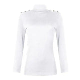 Button Solid Color Turtleneck Bottoming Shirt Top-White-3