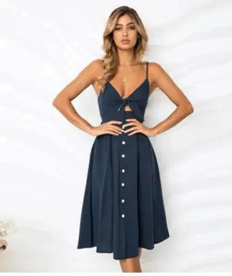 LOVEMI - Lovemi - Buttoned Bow Back Sexy Strap Dress