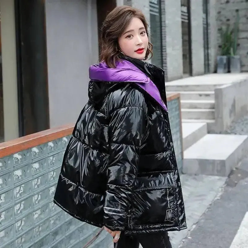 Casual fashion contrast color shiny down coat-Purple-1