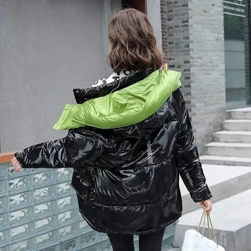 Casual fashion contrast color shiny down coat-Green-4