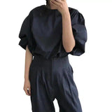 Puff Sleeve Blouse High Waist Pants Set-Navy Blue-2