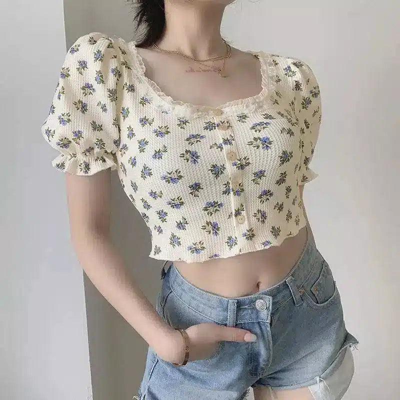 LOVEMI - Lovemi - Crop Top Single-breasted Short-sleeved Square Neck