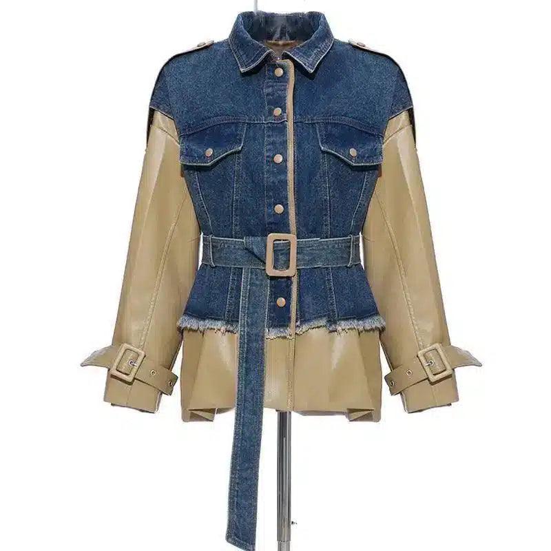 LOVEMI - Lovemi - Denim stitching leather jacket