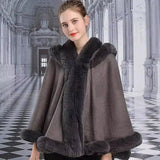 Lovemi -  Double-layer Hooded Cloak Rex Rabbit Fur Collar Fur coat LOVEMI Grey One size 