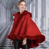 Lovemi -  Double-layer Hooded Cloak Rex Rabbit Fur Collar Fur coat LOVEMI Wine Red One size 