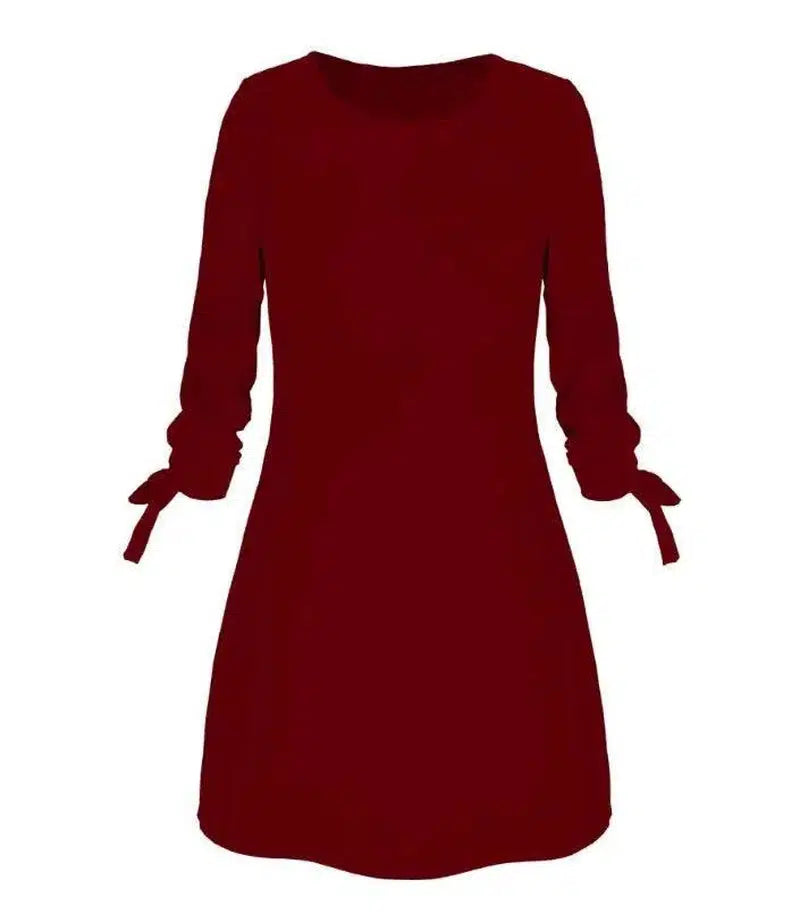 European and American solid color dress casual O-neck dress-Winered-26