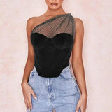 LOVEMI - Lovemi - Fashion Halter One-shoulder Mesh Polka Dot Corset