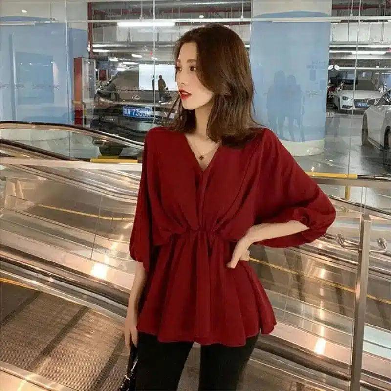 LOVEMI - Lovemi - French V-neck Waist Red Chiffon Shirt Top