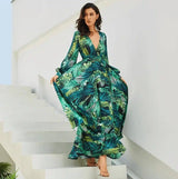 Lovemi -  Lantern Sleeve V-neck Green Leaf Print Sk Maxi Dresses LOVEMI    