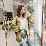 Lovemi -  Loose rhombus contrast knit cardigan Sweaters LOVEMI Yellow One size 