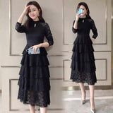 Elegant Lace Midi Dress with Tiered Skirt-Black-1