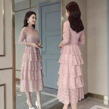 Elegant Lace Midi Dress with Tiered Skirt-Pink-2