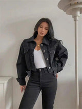 Women's Casual Denim Jacket-Black-1