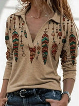 LOVEMI - Lovemi - Retro long-sleeved printed V-neck shirt sweater