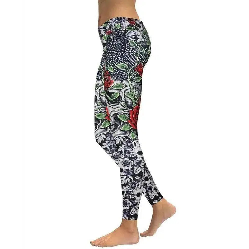 Roses+Skulls Yoga/Workout Leggings-Gray-1