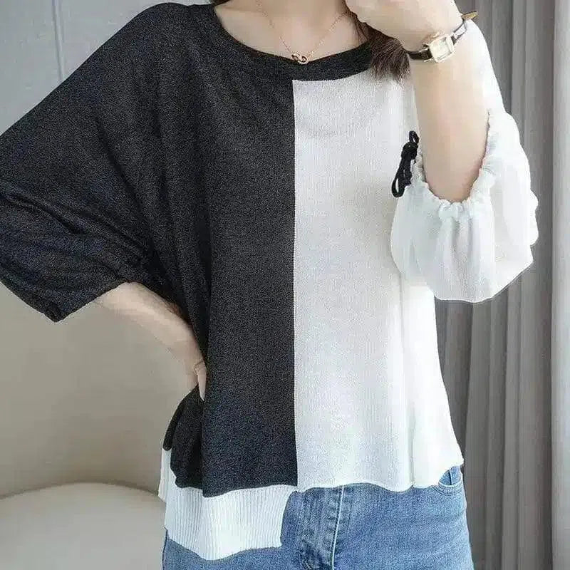 Women's Casual Two-Tone Knit Top-Black-1