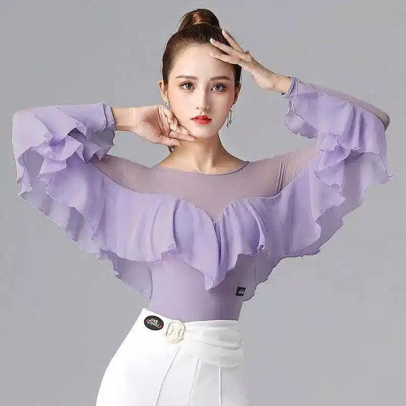 Chiffon Blouse with Ruffle Trim & Bell Sleeves-4colour-4