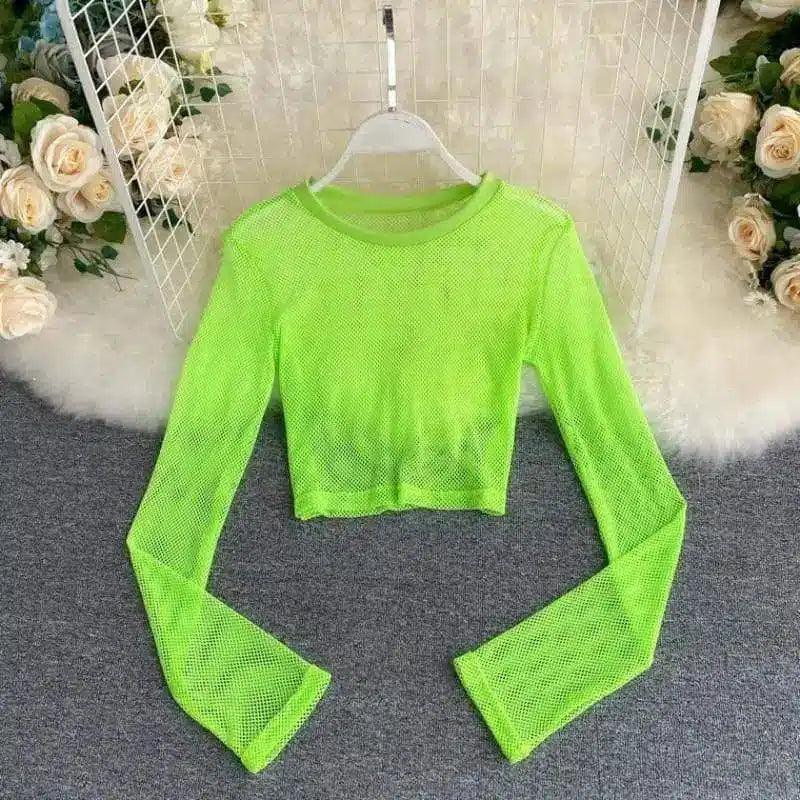 LOVEMI - Lovemi - See-through Mesh Hollow Solid Color Pullover Long