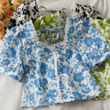 Floral Print Cotton Blouse with Ruffle Detail-Blue-1