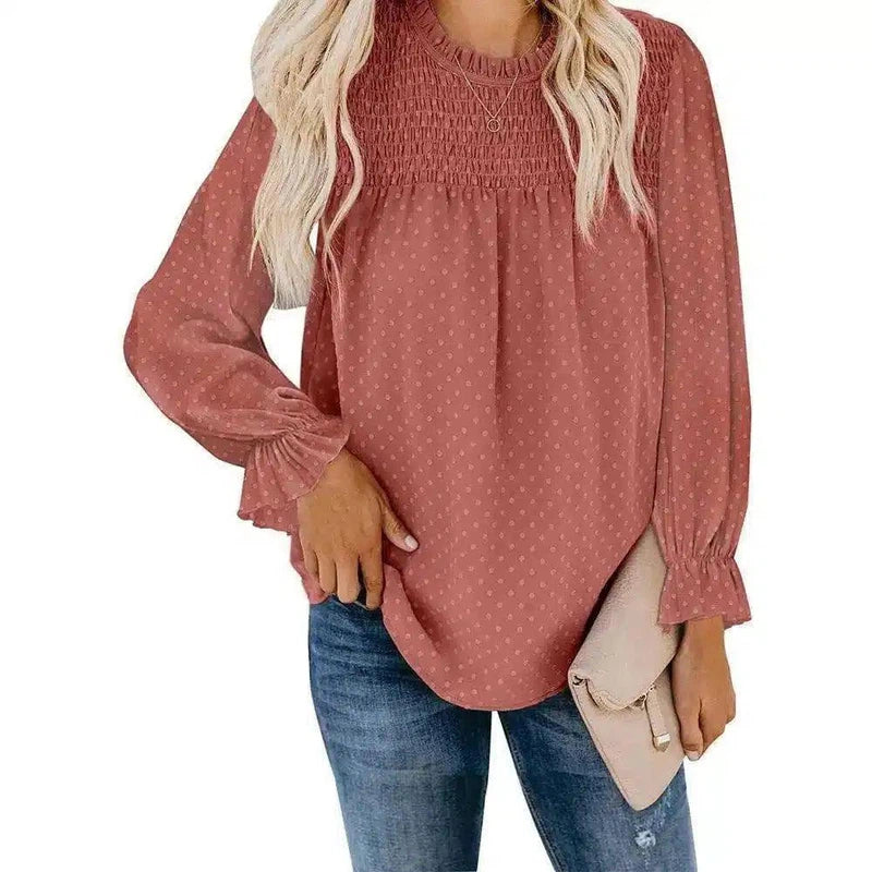 Women's Long Sleeve Sheer Blouse with Lace Detail-Red-10