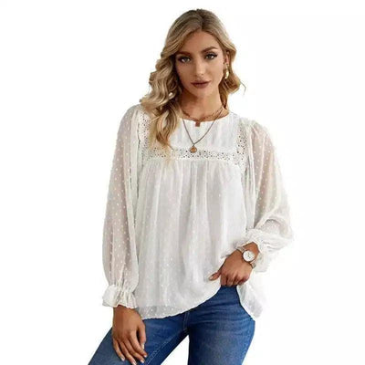 Women's Long Sleeve Sheer Blouse with Lace Detail-White-11