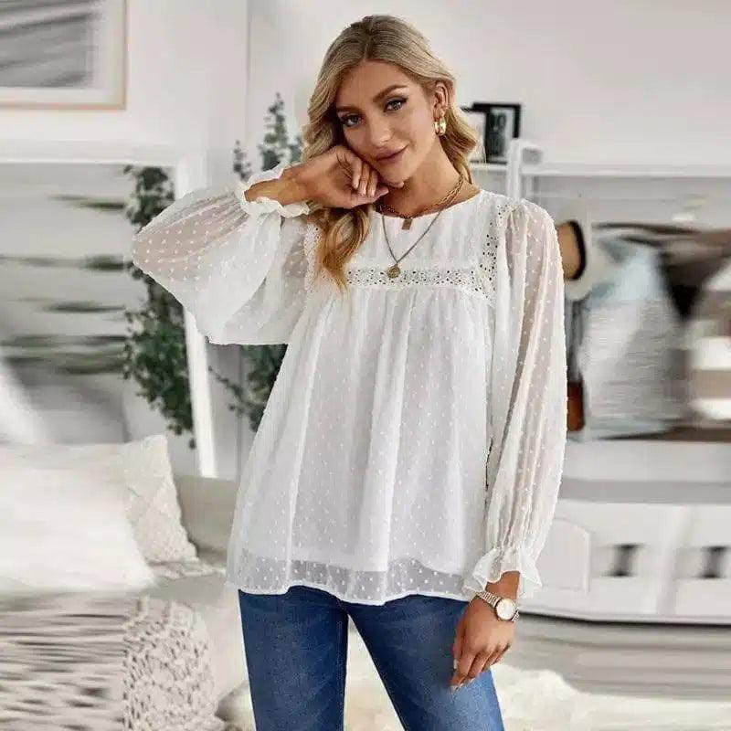 Women's Long Sleeve Sheer Blouse with Lace Detail-1