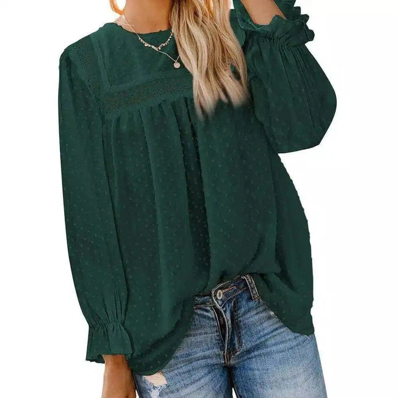 Women's Long Sleeve Sheer Blouse with Lace Detail-Green2517858-5