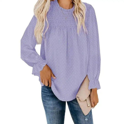 Women's Long Sleeve Sheer Blouse with Lace Detail-Purple-7