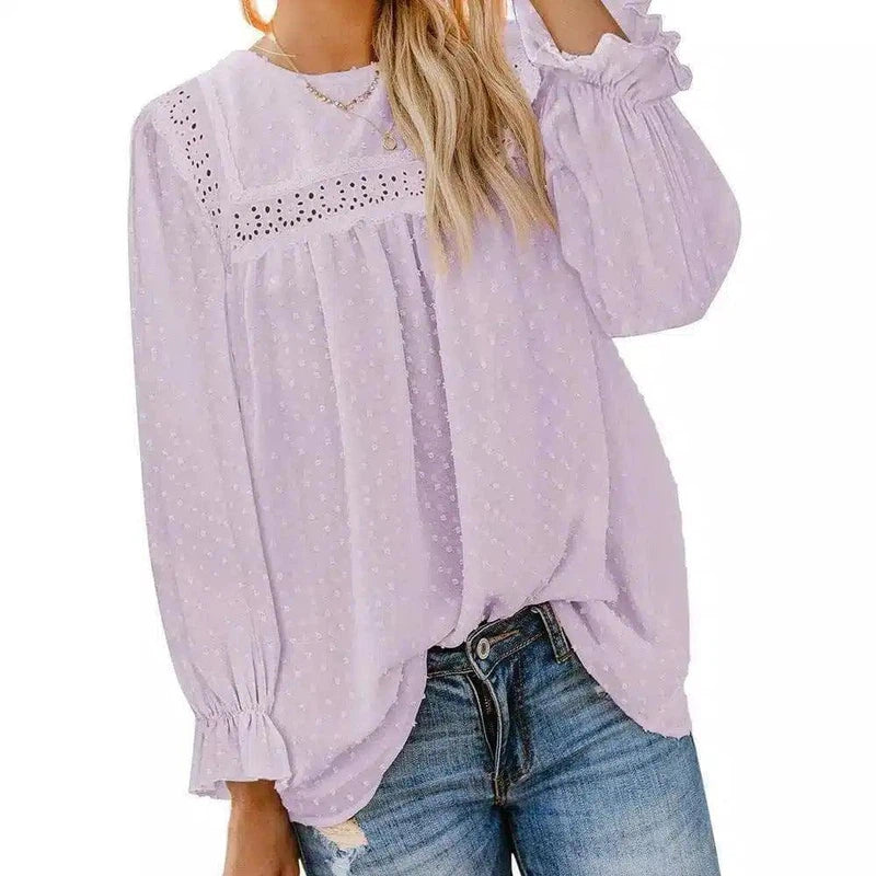 Women's Long Sleeve Sheer Blouse with Lace Detail-Purple2517858-8