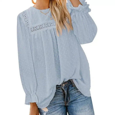 Women's Long Sleeve Sheer Blouse with Lace Detail-Sky blue2517858-9