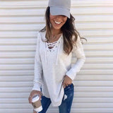 Solid Color V-Neck Tie Band Loose Top T-Shirt-White-6