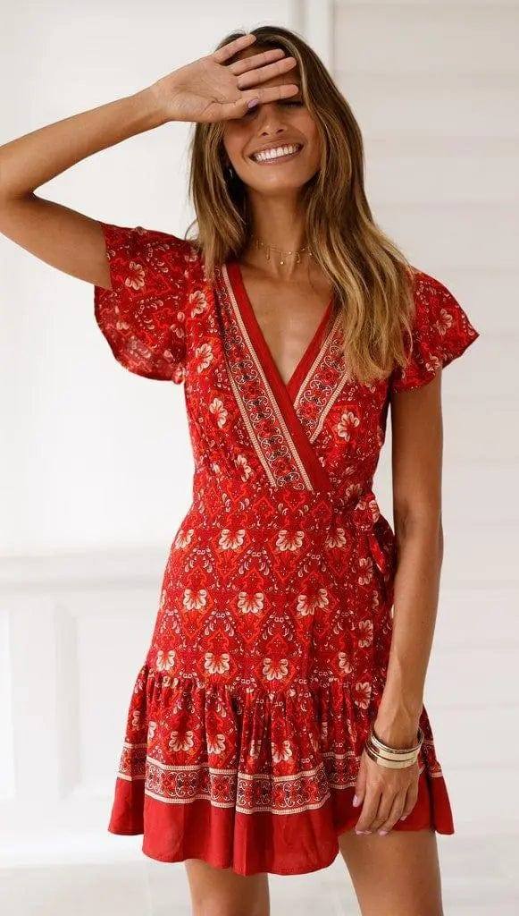 Lovemi - Summer V-neck sexy bohemian print dress skirt-Red-56