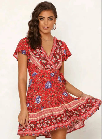 Lovemi - Summer V-neck sexy bohemian print dress skirt-Redwine-62