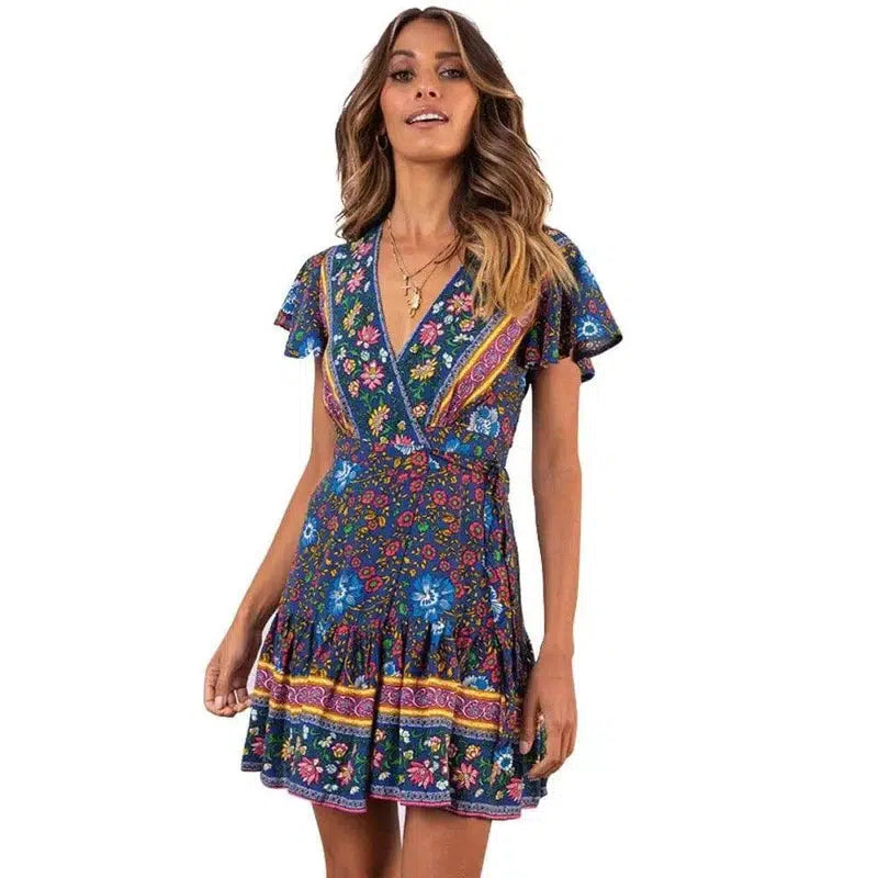 Lovemi - Summer V-neck sexy bohemian print dress skirt-Blackblue-64