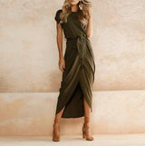 Lovemi -  Versatile Wrap Midi Dress in Assorted Colors Midi Dresses LOVEMI  ArmyGreen 2XL 